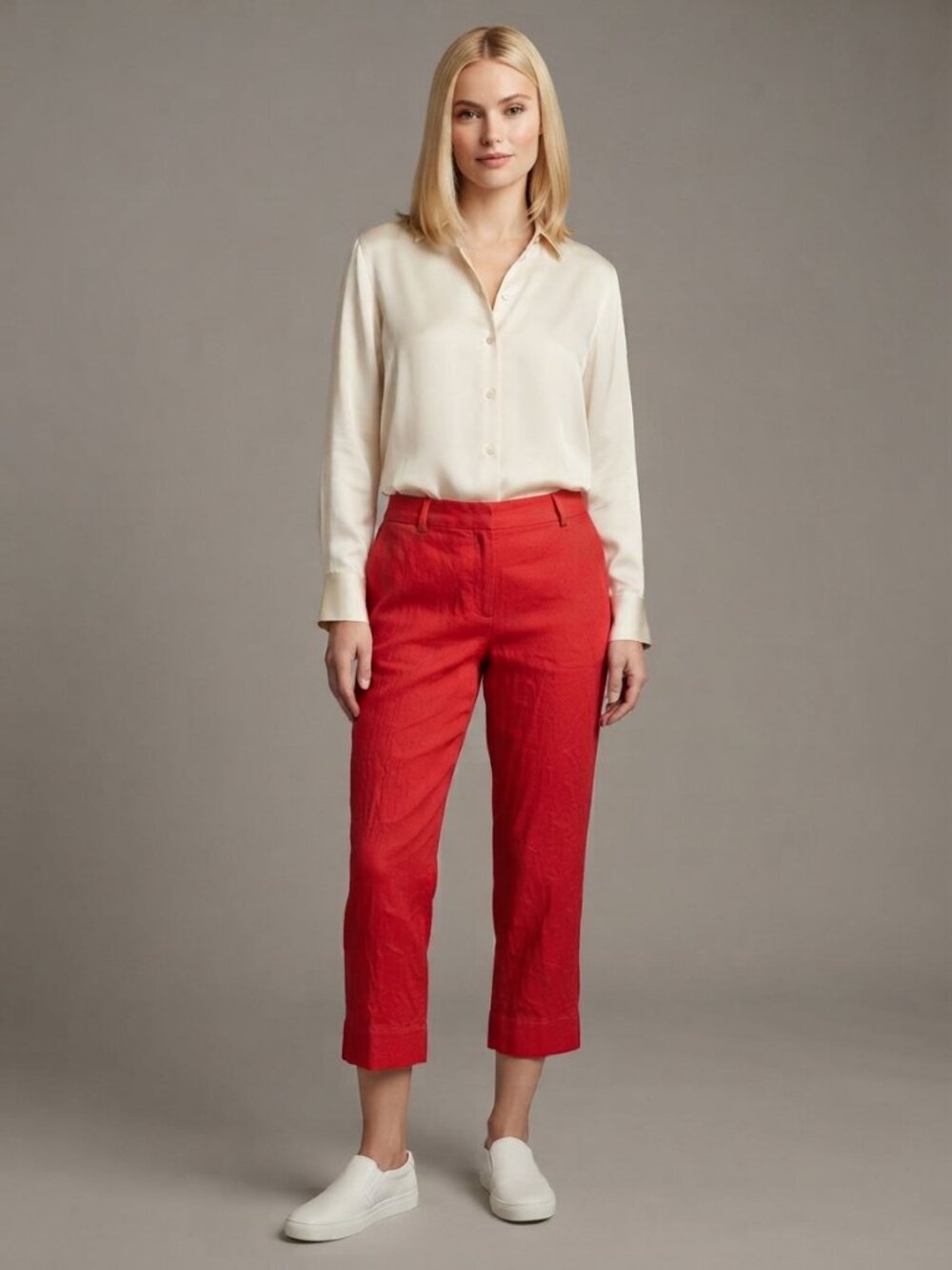 2/$30 TAHARI Linen Blend Capri Chino Pant Red #A4832